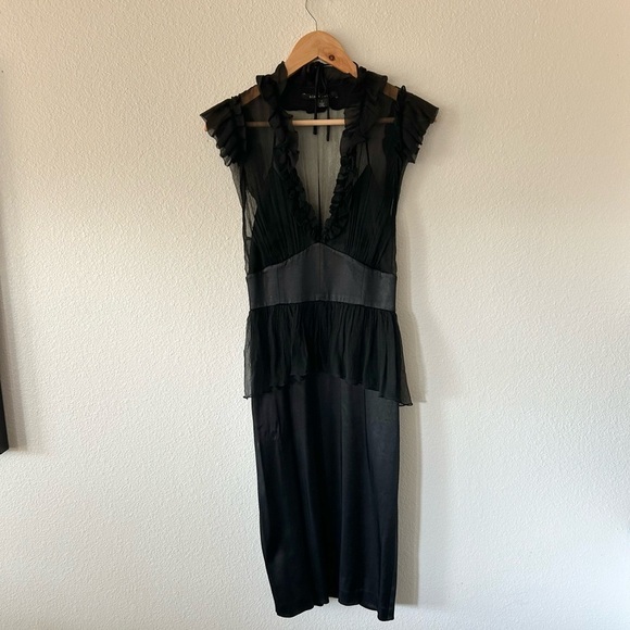 Black Halo Ruffle V-Neck Silk lined Midi Dress - Picture 1 of 6